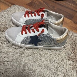 Vintage Havana Silver Glitter Sneakers with Navy Star and Red Laces